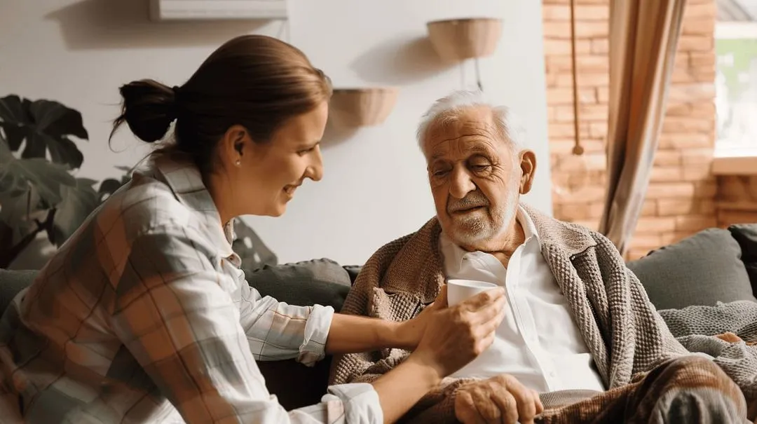 Pflegekraft beim Spaziergang mit Senior
